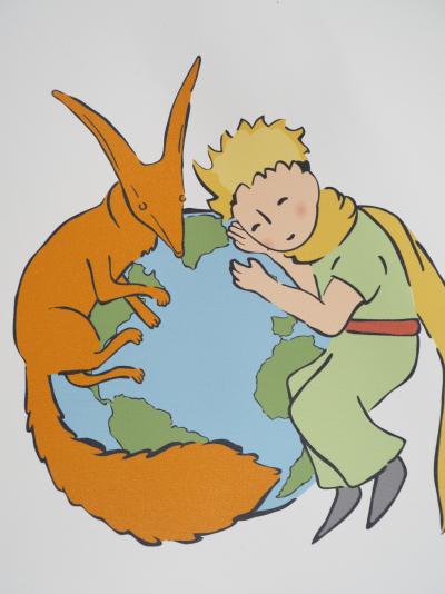 Antoine DE SAINT-EXUPERY : Le Petit Prince et le renard protègent la Terre - Lithographie 2