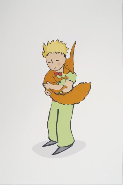 Antoine DE SAINT-EXUPERY : Le Petit Prince câline le Renard - Lithographie