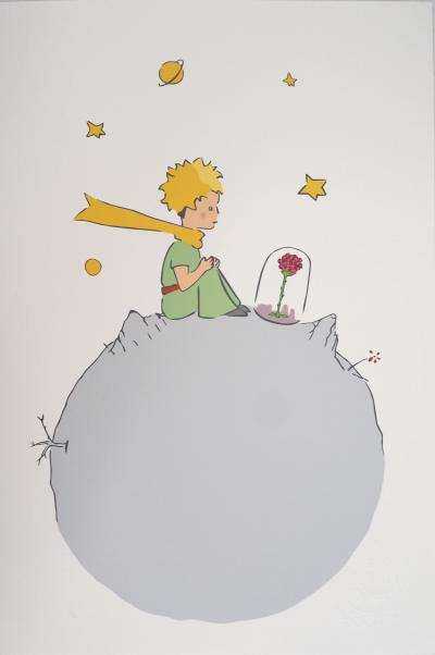Antoine de SAINT-EXUPERY : Le Petit Prince observe sa rose - Lithographie