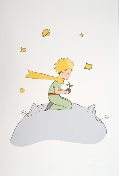 Antoine DE SAINT-EXUPERY : Le Petit Prince plante une fleur sur son astéroïde - Lithographie