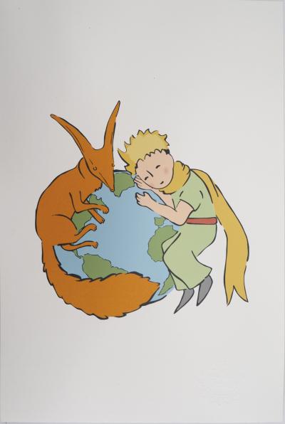 Antoine de SAINT-EXUPERY : Le Petit Prince et le renard protègent la Terre - Lithographie