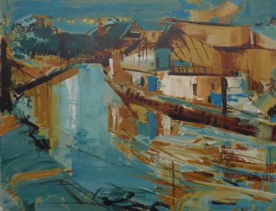 Gaston LARRIEU - Maisons au bord de l’eau, 1970 - Lithographie originale signée 2