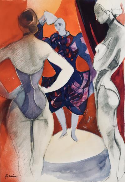 Camille HILAIRE - Le clown Auguste sur la piste, 1974 - Aquarelle et gouache originale signée 2