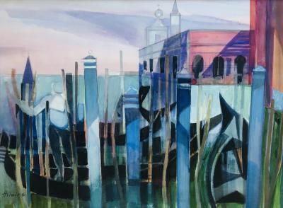 Camille HILAIRE - Gondolier devant la Punta della Dogana, Venise, 1980 - Aquarelle et gouache originale signée 2