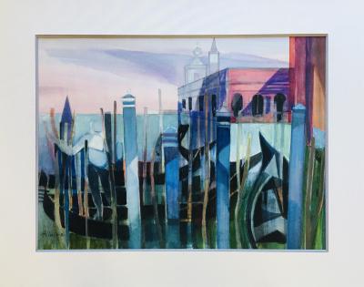 Camille HILAIRE - Gondolier devant la Punta della Dogana, Venise, 1980 - Aquarelle et gouache originale signée 2