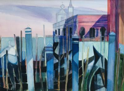 Camille HILAIRE - Gondolier devant la Punta della Dogana, Venise, 1980 - Aquarelle et gouache originale signée 2