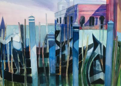 Camille HILAIRE - Gondolier devant la Punta della Dogana, Venise, 1980 - Aquarelle et gouache originale signée 2