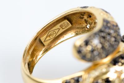 Bague serpent en or jaune ornée de 86 diamants ronds noirs et 87 diamants ronds couleur champagne et de 2 rubis 2