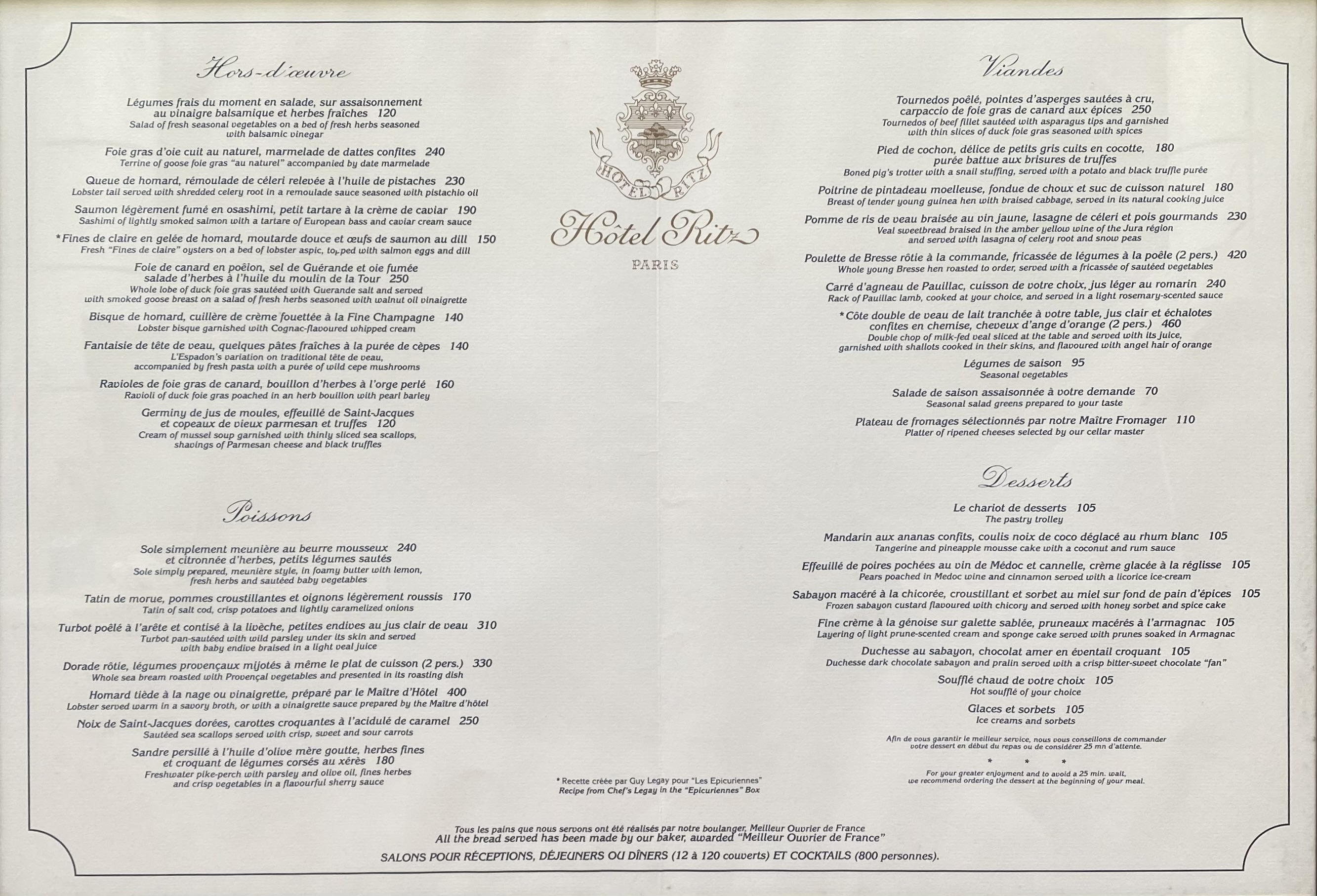 Menu Hôtel Ritz Paris Livres, Autographes, Papiers Plazzart
