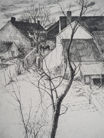 Eugène CORNEAU : Toits du village - Gravure Originale Signée, 1946 2