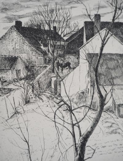 Eugène CORNEAU : Toits du village - Gravure Originale Signée, 1946 2