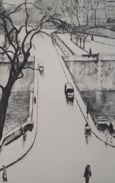 Eugène CORNEAU: Paris, The Little Bridge - Original Signed Etching, 1946 2