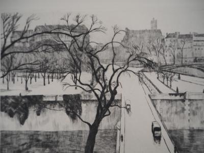 Eugène CORNEAU: Paris, The Little Bridge - Original Signed Etching, 1946 2