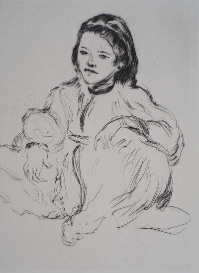Lucien MAINSSIEUX : Marocaine accroupie - gravure originale signée, 1949 2