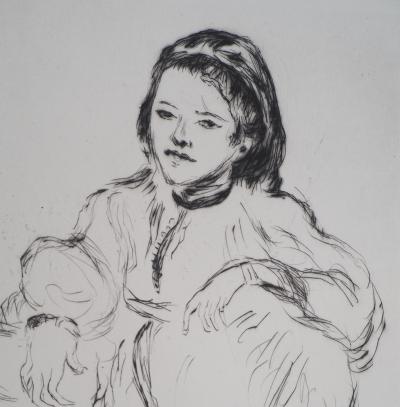 Lucien MAINSSIEUX : Marocaine accroupie - gravure originale signée, 1949 2