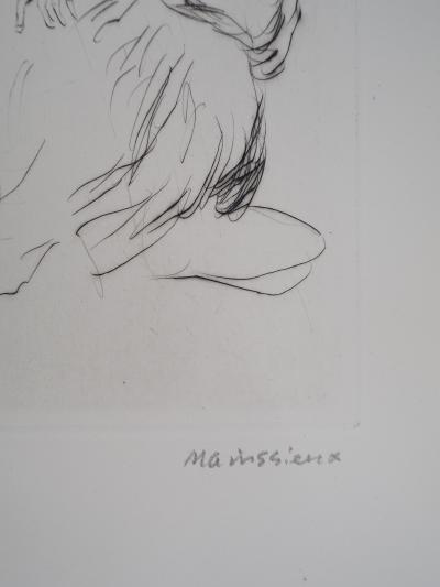 Lucien MAINSSIEUX : Marocaine accroupie - gravure originale signée, 1949 2
