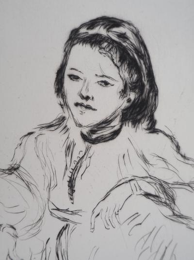 Lucien MAINSSIEUX : Marocaine accroupie - gravure originale signée, 1949 2