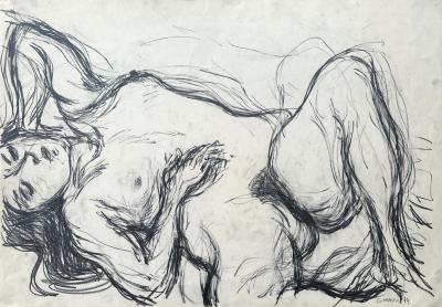 André COTTAVOZ - Femme allongée - Dessin original au fusain signée au crayon 2