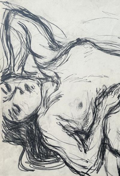André COTTAVOZ - Femme allongée - Dessin original au fusain signée au crayon 2