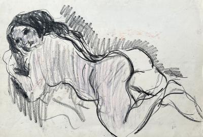 André COTTAVOZ - Femme allongée - Dessin original au fusain signée au crayon 2