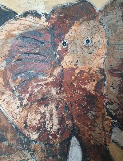 Herve MAURY,  ELEPHANT technique mixte sur TOILE signée vers 2015 2