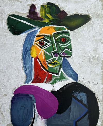 Pablo PICASSO (nachher) – Frau mit Hut (Dora Maar) – In der Platte signierte Lithographie