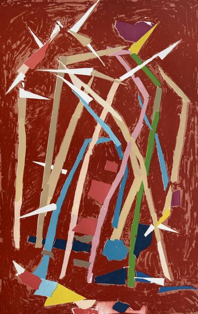André LANSKOY - Composition au fond rouge - Lithographie originale signée numérotée au crayon 2