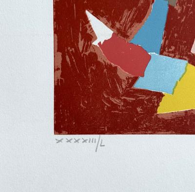 André LANSKOY - Composition au fond rouge - Lithographie originale signée numérotée au crayon 2