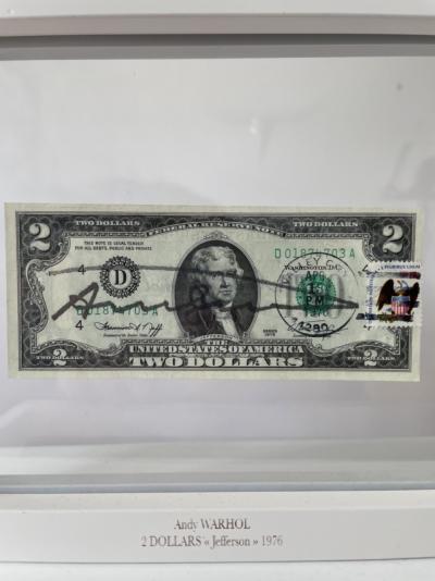 Andy Warhol - 2 dollars - series 1976, Billet de 2 Dollars Jefferson timbré et signé par Andy Warhol 2