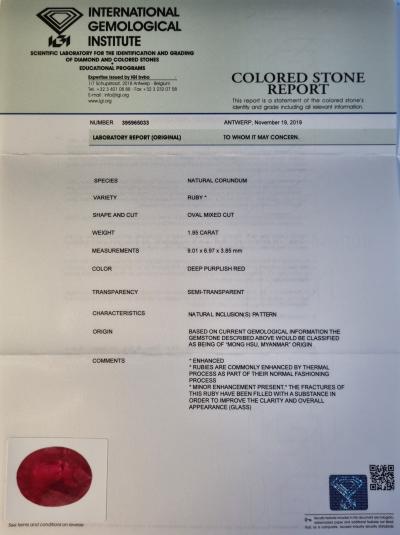 Rubis naturel 1.95 ct certifié IGI Anvers Origine Birmanie 2