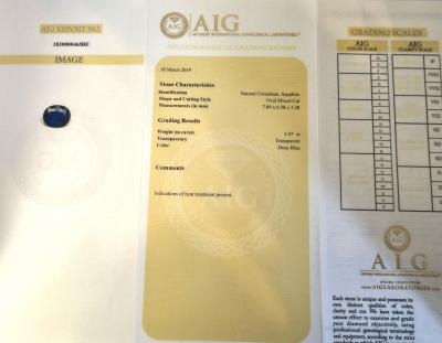 Saphir naturel 1.47 ct certifié AIG Anvers 2