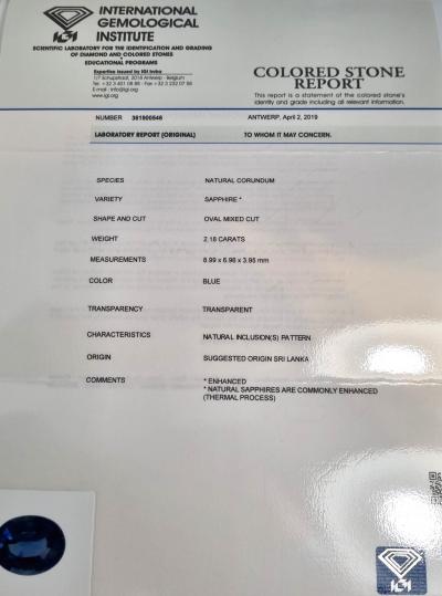 Saphir naturel 2.18 ct certifié IGI Anvers origine Sri-Lanka Ceylan 2