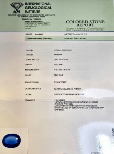 Saphir naturel 1.50 ct certifié IGI Anvers origine Madagascar 2