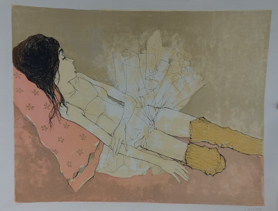Jean JANSEM - Ophelie with pink cushion, 1993 - Original lithograph in colors signed in pencil and justified 2