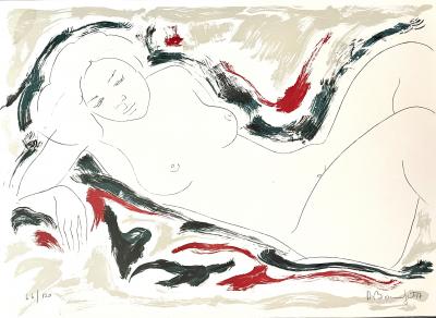 Alain Bonnefoit - Nu allongé sur fond noir et rouge, 1987 - lithographie originale 2