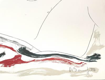 Alain Bonnefoit - Nu allongé sur fond noir et rouge, 1987 - lithographie originale 2