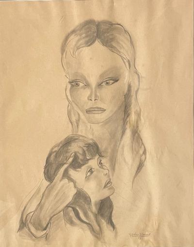 Yves SAINT-LAURENT – Eine Mutter und Tochter, 1951 – Originalzeichnung, Graphit auf Papier