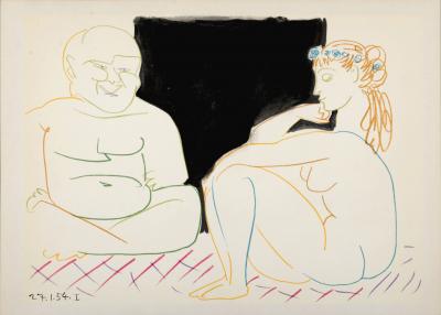 Pablo PICASSO - Clown & Nude Woman With Flowers, 1954 - Lithograph 2
