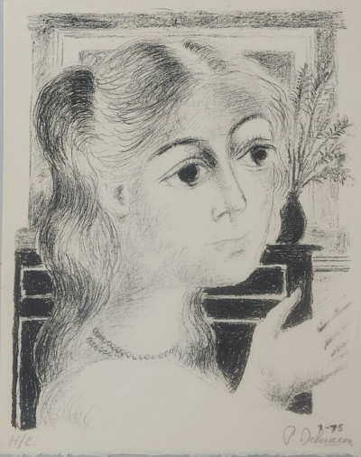 Paul Delvaux  Jeune fille au collier de perles  (1975)  Lithographie originale en n et b  sur papier Arches  signée au crayon et annotée HC 2