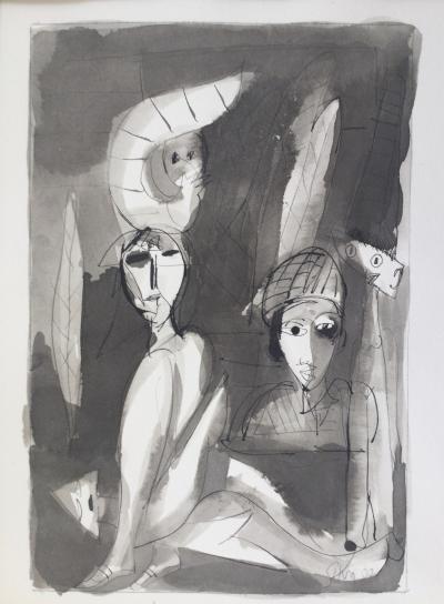 Julio SILVA - Personnages , 1987 - Encre et lavis signé 2