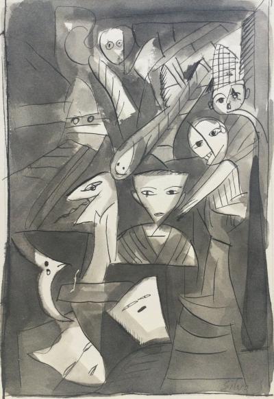 Julio SILVA - Visages et masques - Encre et lavis d’encre signée 2