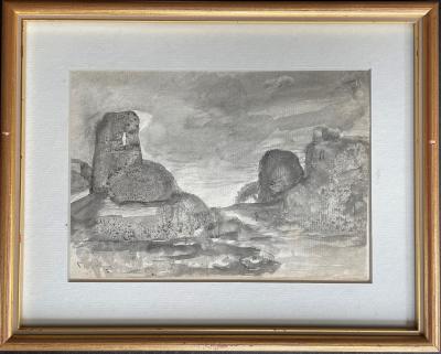 George SAND - Paysage, rochers et ruines - dessin Dendrite aquarellée originale 2