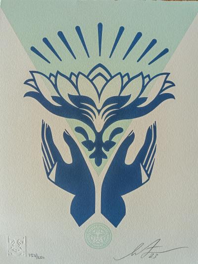 Shepard FAIREY (Obey) - Lotus Hands Letterpress (Teal) 2023 Letterpress 2