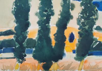 André Brasilier : Automne en Provence - Aquarelle originale signée 2