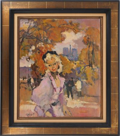 Pierre GRISOT : Parisienne rêveuse devant Notre Dame - Huile sur toile, Signée 2
