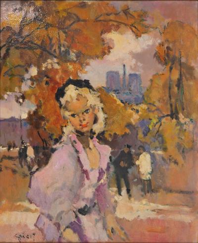 Pierre GRISOT : Parisienne rêveuse devant Notre Dame - Huile sur toile, Signée 2