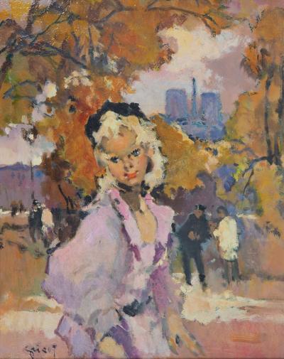 Pierre GRISOT : Parisienne rêveuse devant Notre Dame - Huile sur toile, Signée 2