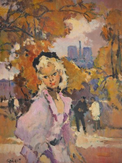 Pierre GRISOT : Parisienne rêveuse devant Notre Dame - Huile sur toile, Signée 2