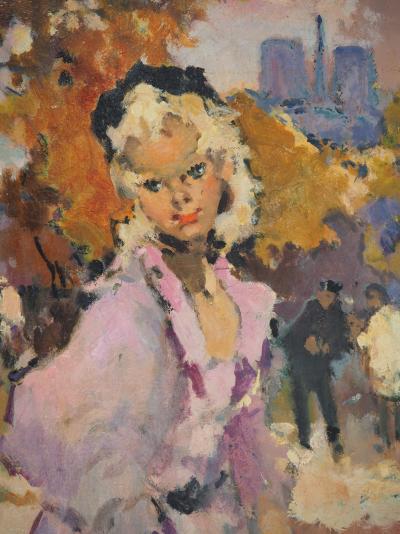 Pierre GRISOT : Parisienne rêveuse devant Notre Dame - Huile sur toile, Signée 2