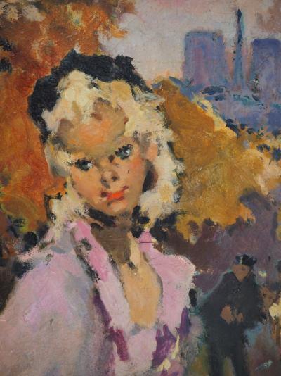 Pierre GRISOT : Parisienne rêveuse devant Notre Dame - Huile sur toile, Signée 2